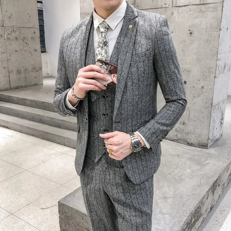 3 Pcs Suit Set Jacket Pants Vest / 2023 Fashion New Men's Casual Boutique Business Linen Striped Slim Formal Dress Blazers Coat - SHOWLU FASHION STORE