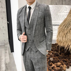 3 Pcs Suit Set Jacket Pants Vest / 2023 Fashion New Men's Casual Boutique Business Linen Striped Slim Formal Dress Blazers Coat - SHOWLU FASHION STORE