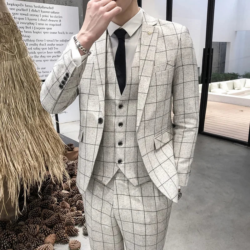 3 Pcs Suit Set Jacket Pants Vest / 2023 Fashion New Men's Casual Boutique Business Linen Striped Slim Formal Dress Blazers Coat - SHOWLU FASHION STORE