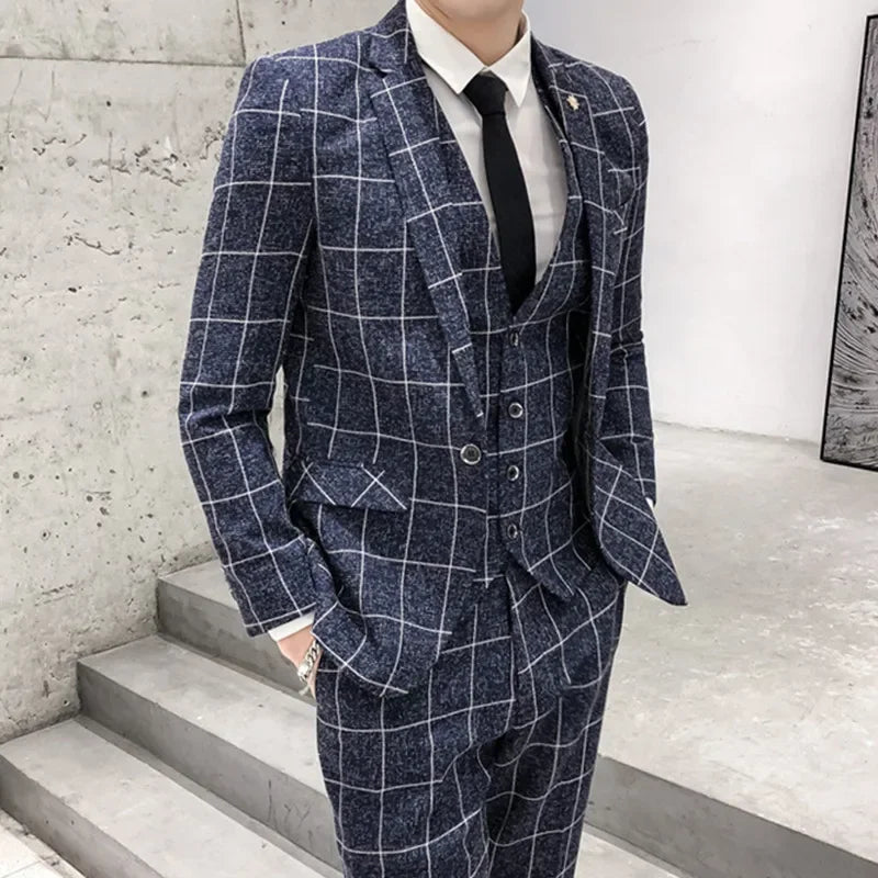 3 Pcs Suit Set Jacket Pants Vest / 2023 Fashion New Men's Casual Boutique Business Linen Striped Slim Formal Dress Blazers Coat - SHOWLU FASHION STORE