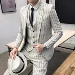 3 Pcs Suit Set Jacket Pants Vest / 2023 Fashion New Men's Casual Boutique Business Linen Striped Slim Formal Dress Blazers Coat - SHOWLU FASHION STORE