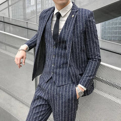 3 Pcs Suit Set Jacket Pants Vest / 2023 Fashion New Men's Casual Boutique Business Linen Striped Slim Formal Dress Blazers Coat - SHOWLU FASHION STORE