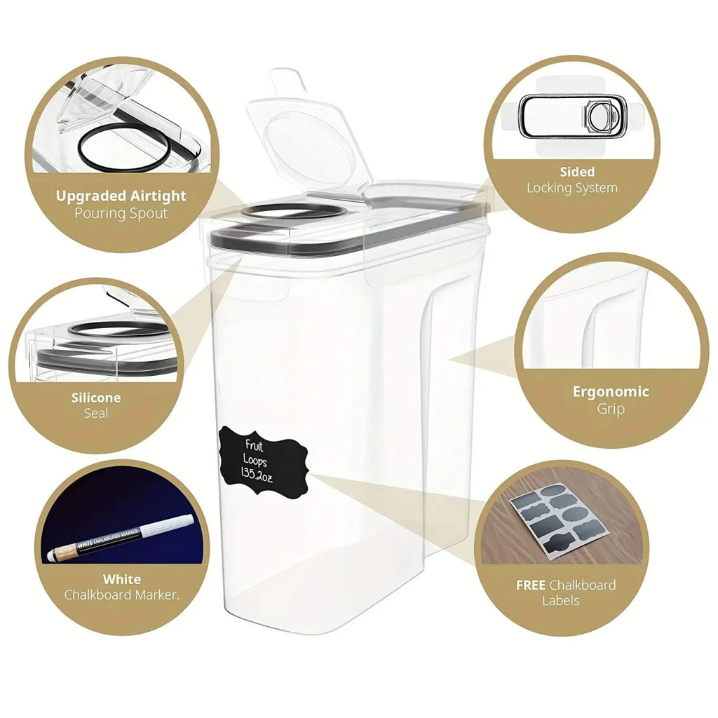 Showlu 3-piece airtight cereal storage containers set with 2.5L capacity, BPA-free, dishwasher safe, includes labels and pen.
