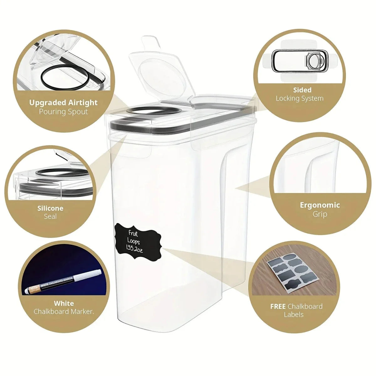 Showlu 3-piece airtight cereal storage containers set with 2.5L capacity, BPA-free, dishwasher safe, includes labels and pen.