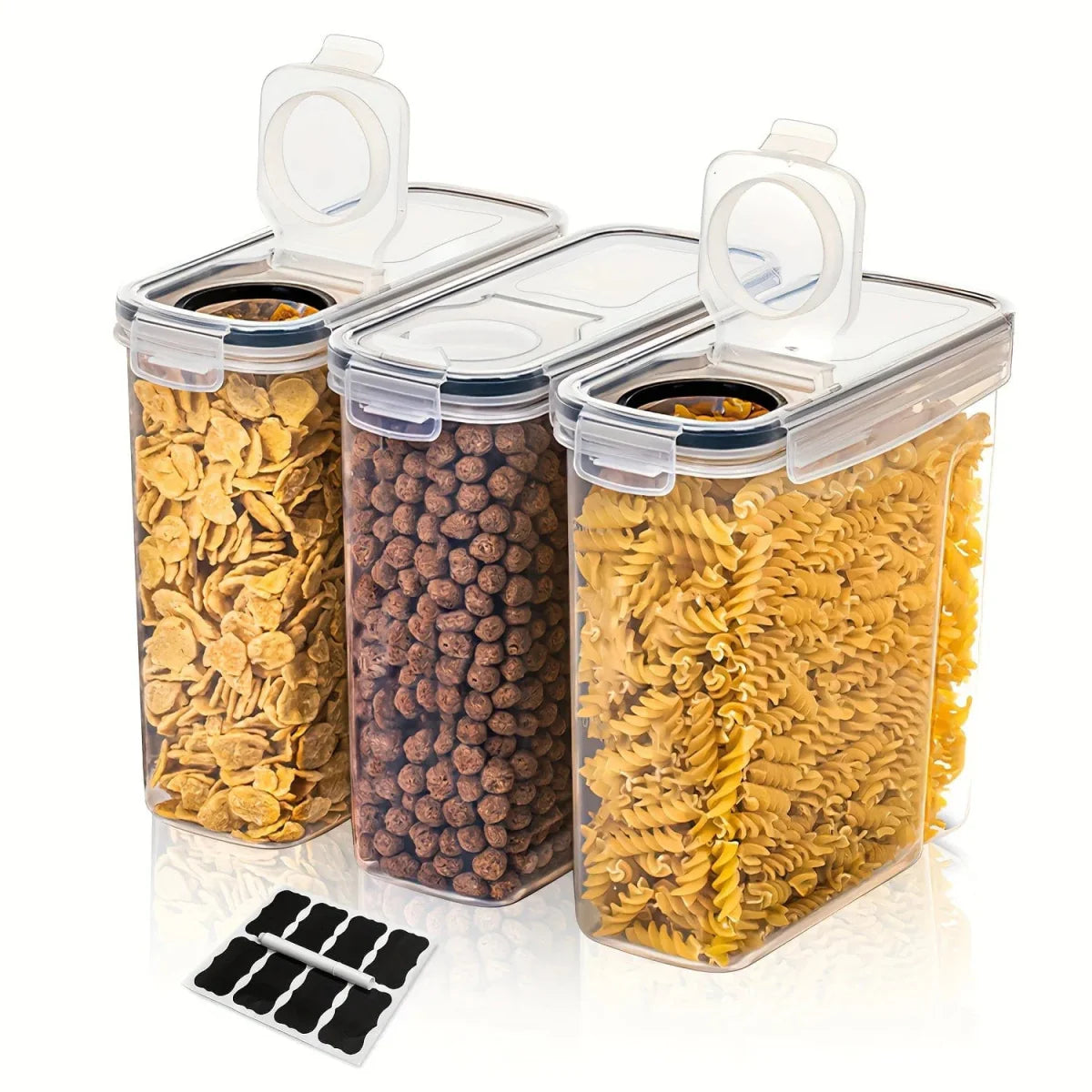 Showlu 3-piece airtight cereal storage containers set with 2.5L capacity, BPA-free, dishwasher safe, including labels and pen.