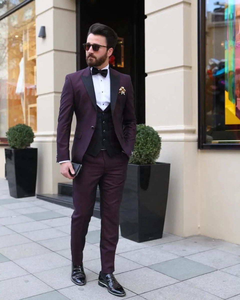 3 Piece Dark Purple Men Suits Slim Fit Single Breasted One Button Peak Lapel Groom Tuxedos Bussiness/Wedding Jacket Vest Pants - SHOWLU FASHION STORE