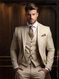 Showlu Fashion men's beige 3-piece wool blend suit with blazer, vest, and pants, ideal for formal weddings and business occasions.