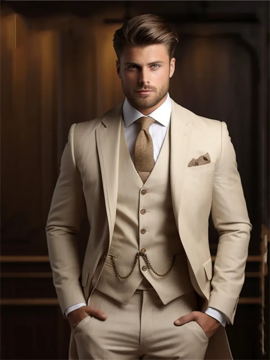 Showlu Fashion men's beige 3-piece wool blend suit with blazer, vest, and pants, ideal for formal weddings and business occasions.
