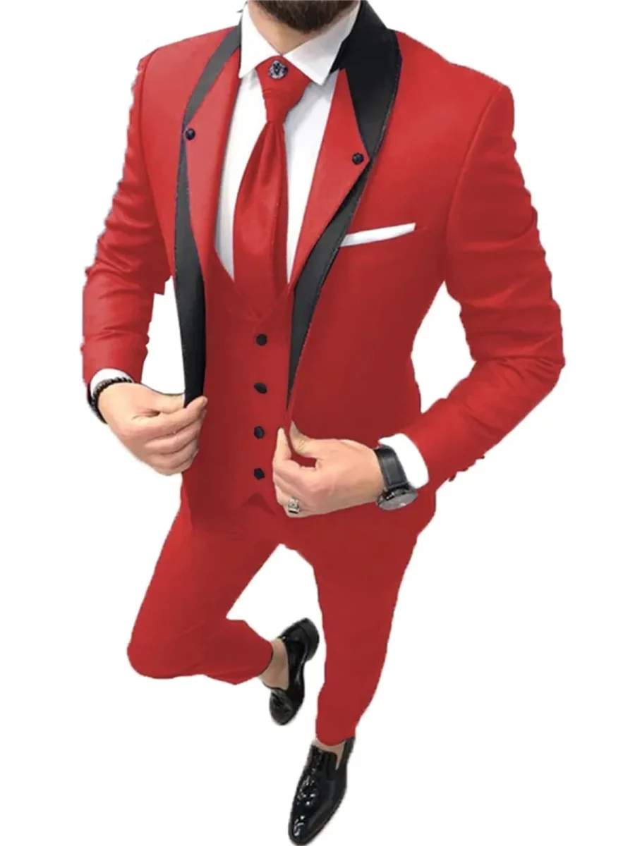 Showlu Fashion men's 3-piece slim fit wedding suit with wool blend tuxedo, including jacket, pants, and vest, ideal for grooms and groomsmen.
