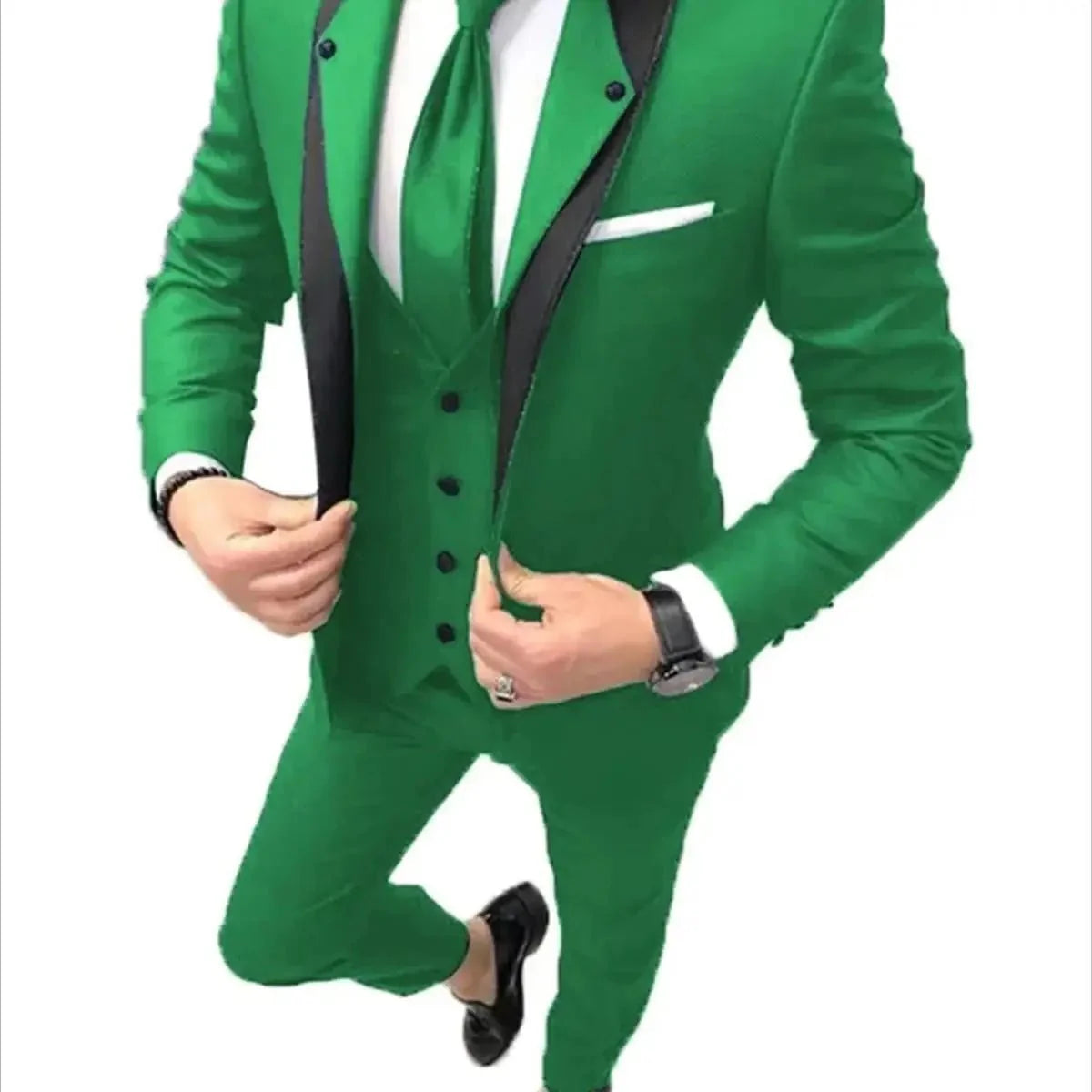 Showlu Fashion men's 3-piece slim fit wedding suit with wool blend tuxedo jacket, pants, and vest, perfect for grooms and formal events.
