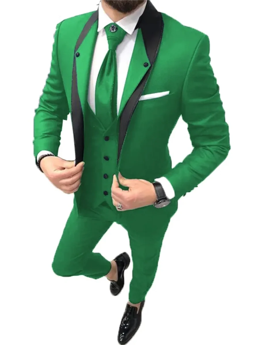 Showlu Fashion men's 3-piece wedding suit featuring a slim fit wool blend tuxedo with jacket, pants, and vest for formal occasions.