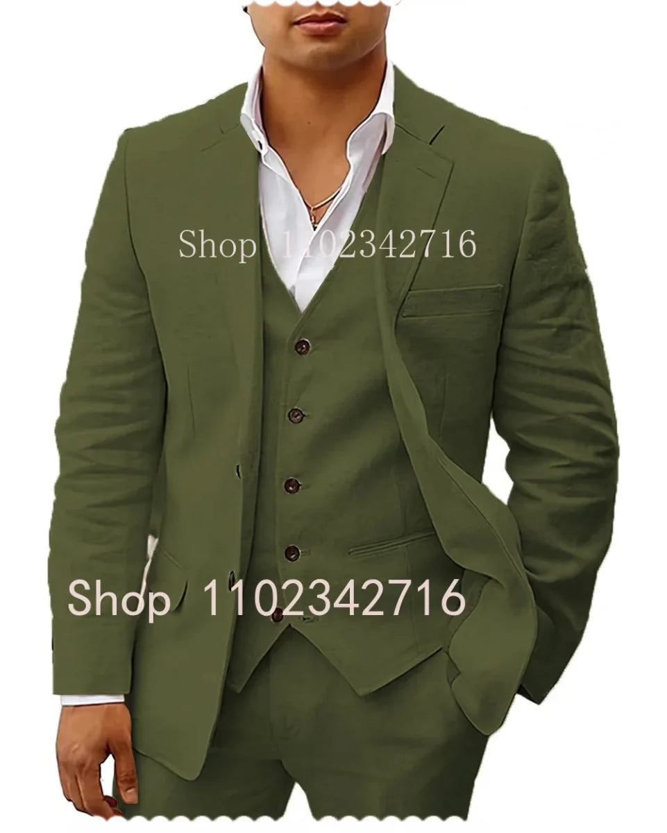 Showlu men's 3-piece linen summer suit with slim fit tuxedo style, including jacket, vest, and pants, ideal for weddings and beach occasions