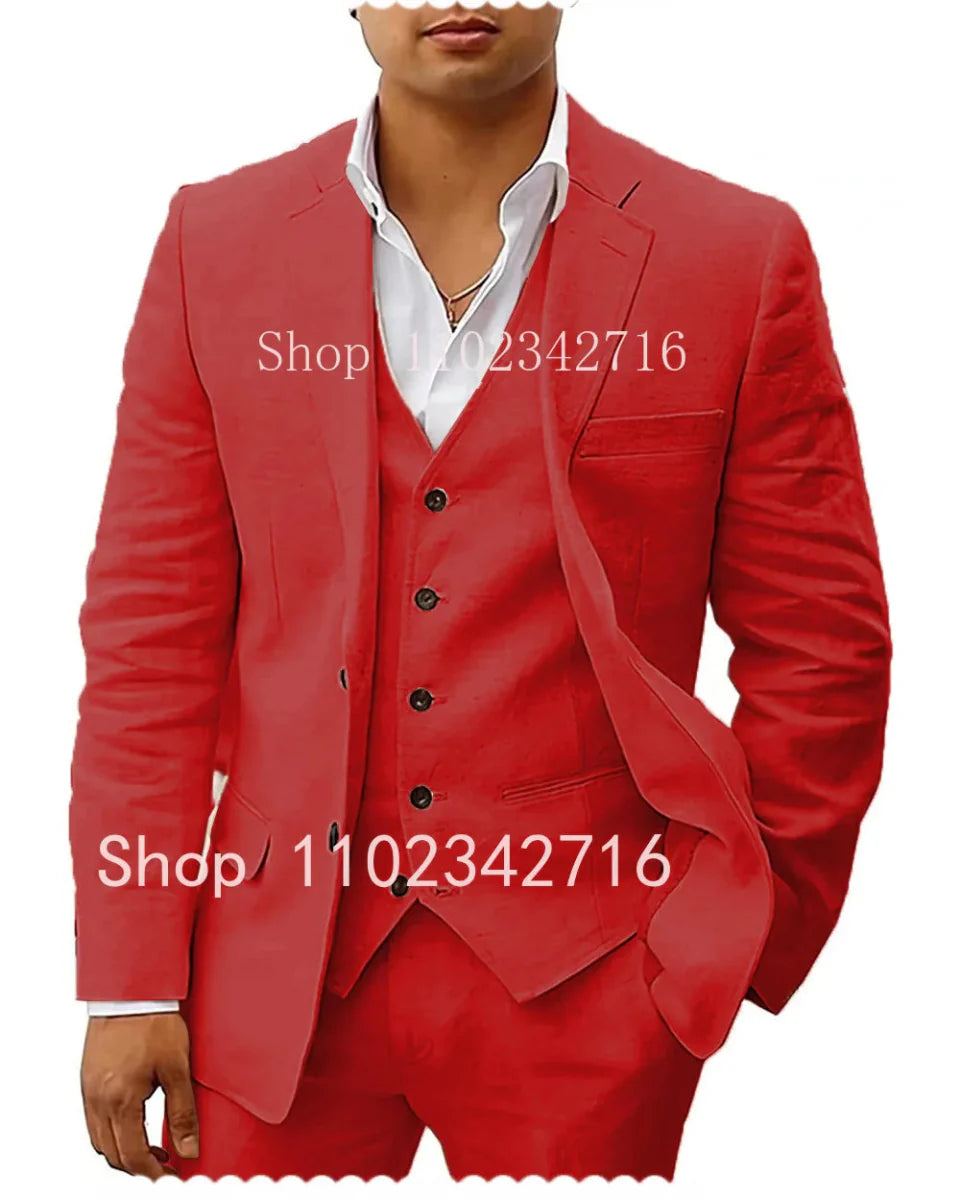 Showlu men's 3-piece linen summer suit set with slim fit jacket, vest, and pants, ideal for wedding grooms and casual beach events.