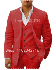 3 Piece Linen Summer Men Suits for Wedding Groom Tuxedos 2023 Casual Beach Custom Man Suit Set Jacket Vest with Pants Man Fahion - SHOWLU FASHION STORE