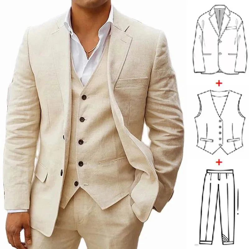 Showlu men's 3-piece linen summer suit set featuring a slim fit wedding tuxedo with jacket, vest, and pants for groom or casual wear.