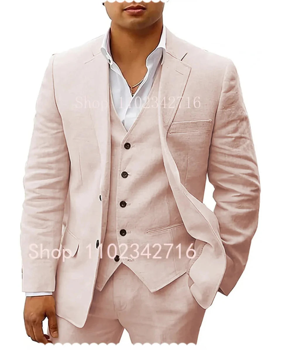 Showlu men's 3-piece linen summer suit for wedding groom, includes jacket, vest, and pants, ideal for casual beach or formal events.