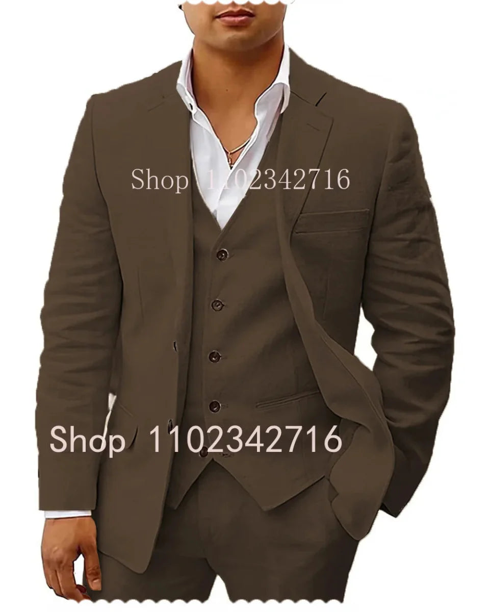 Showlu men's 3-piece linen summer suit with jacket, vest, and pants, ideal for wedding grooms and casual beach occasions.