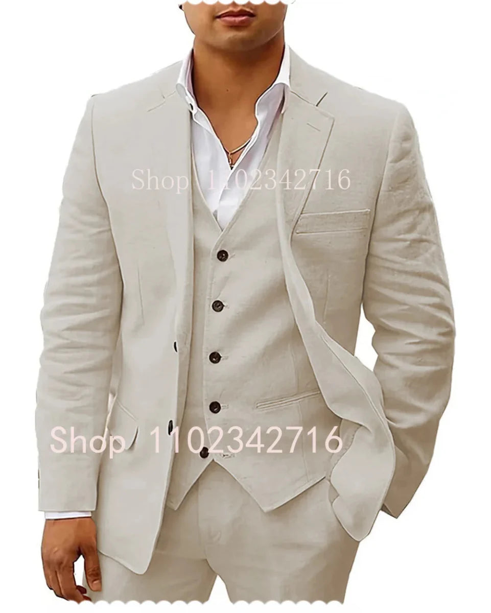 Showlu men's 3-piece linen summer suit for wedding, slim fit tuxedo with jacket, vest, and pants, ideal for groom and beach casual wear