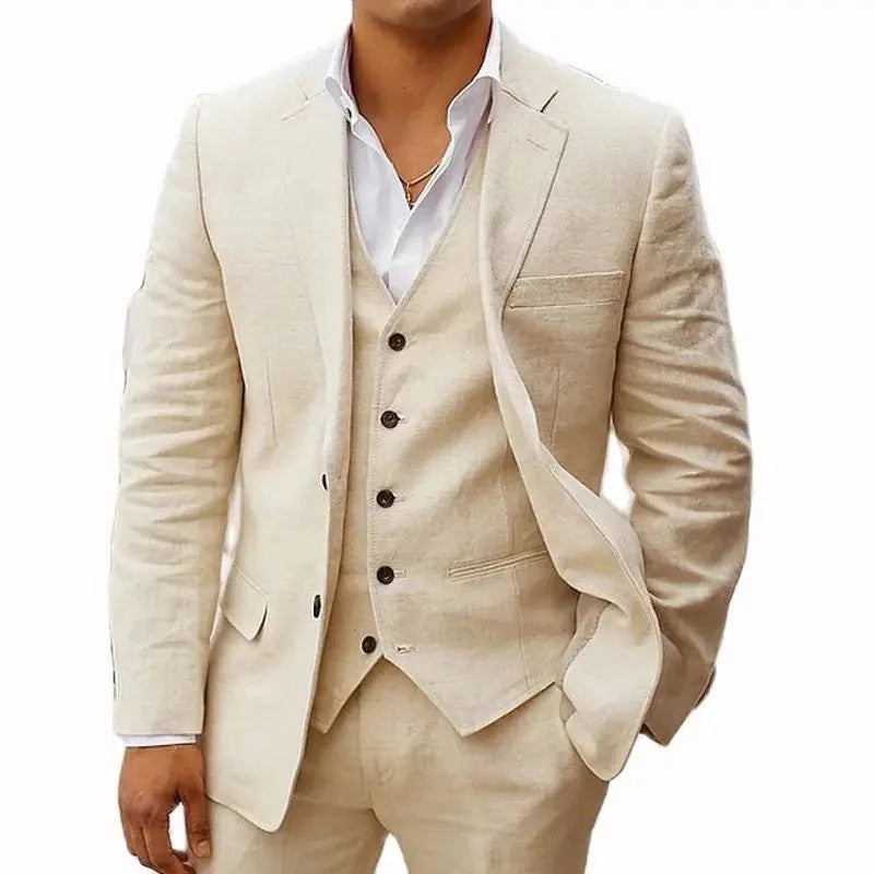 Showlu men's 3-piece linen summer suit for wedding, slim fit tuxedo with jacket, vest, and pants, perfect for groom or casual beach wear.