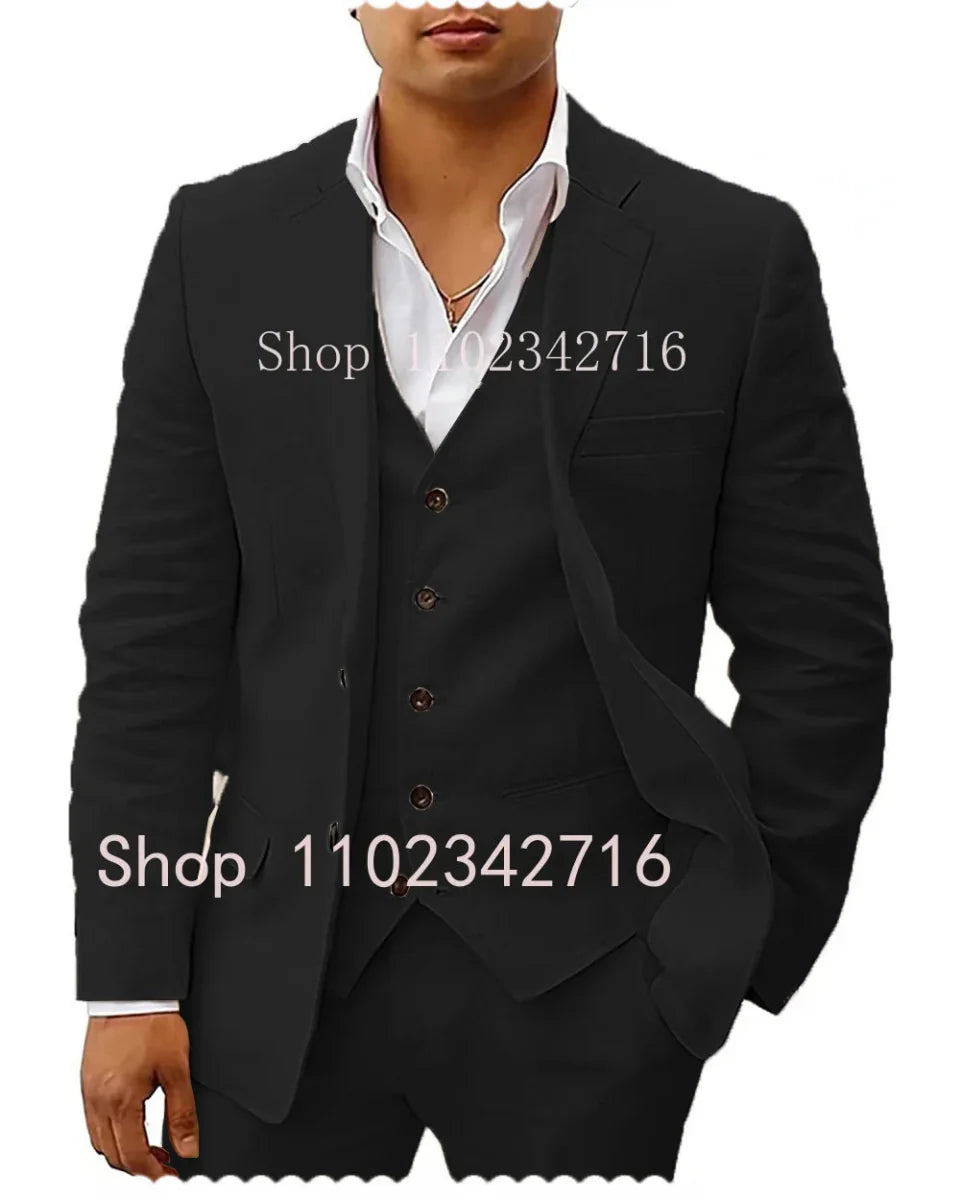 Showlu men's 3-piece linen summer suit with jacket, vest, and pants, ideal for weddings and casual beach occasions.