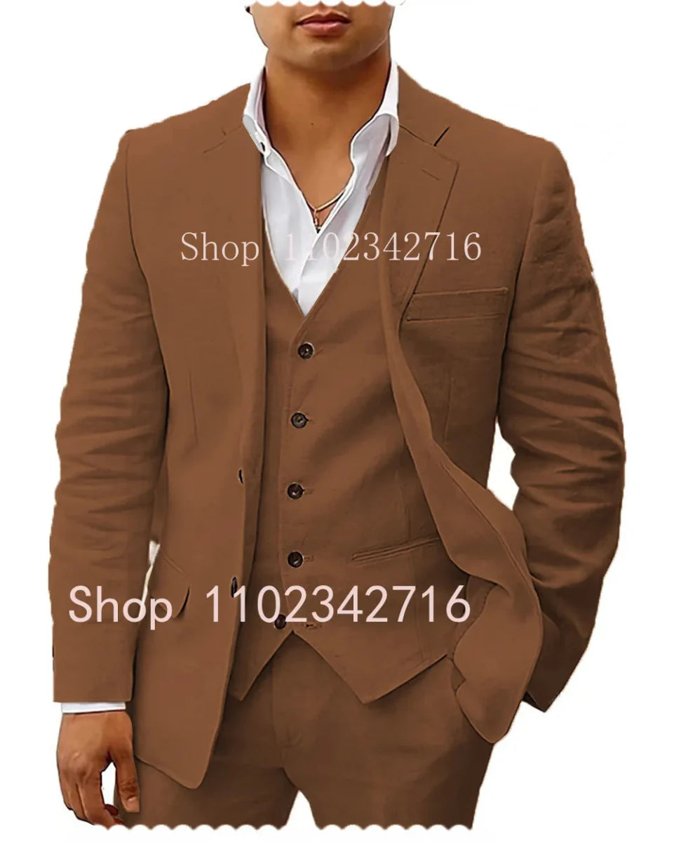 Showlu men's 3-piece linen summer suit with slim fit tuxedo style, including jacket, vest, and pants for wedding or casual wear.