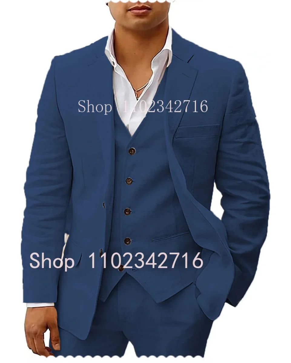 Showlu men's 3-piece linen summer suit with jacket, vest, and pants, ideal for wedding grooms and casual beachwear.