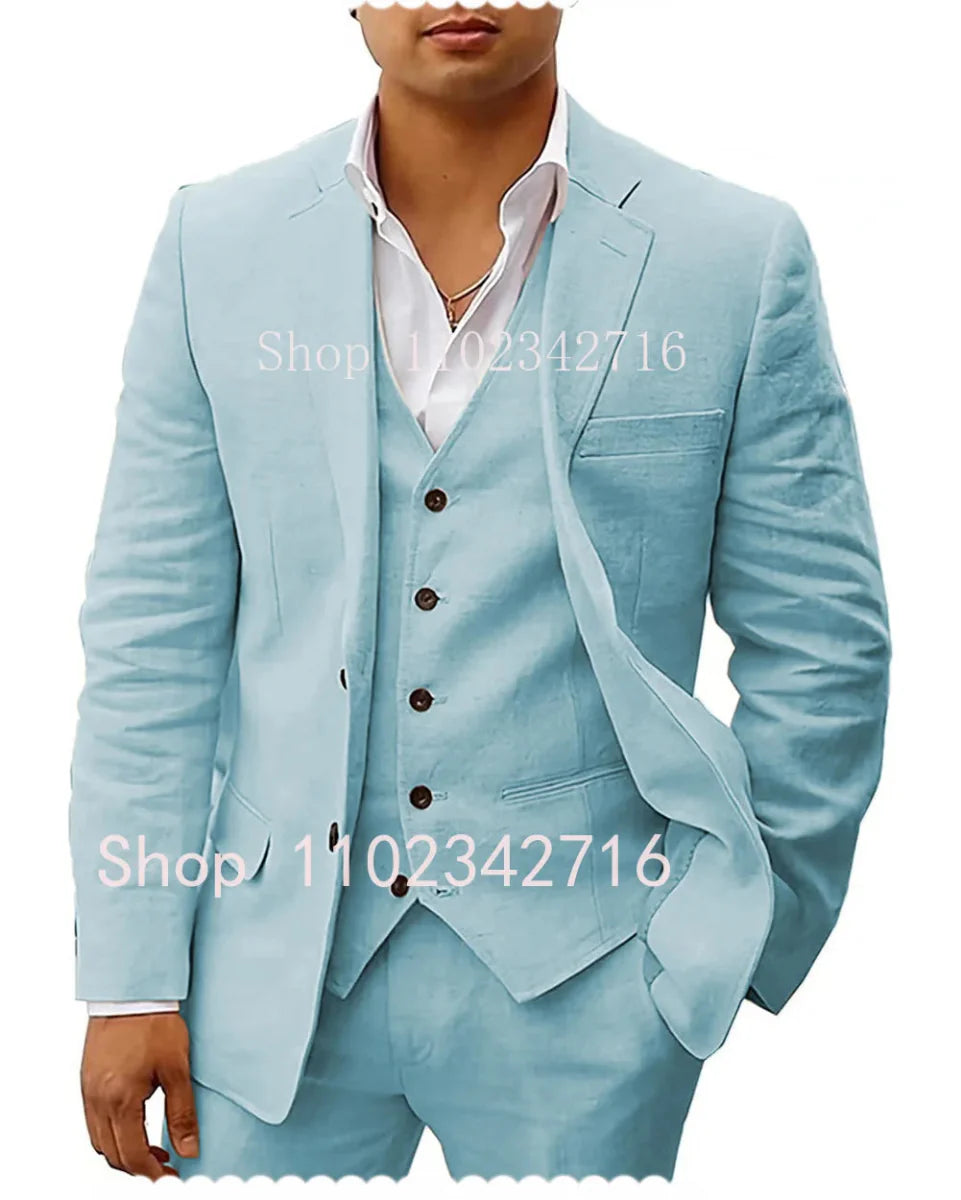 Showlu men's 3-piece linen summer suit for wedding, slim fit groom tuxedo with jacket, vest, and pants, ideal for beach or casual occasions