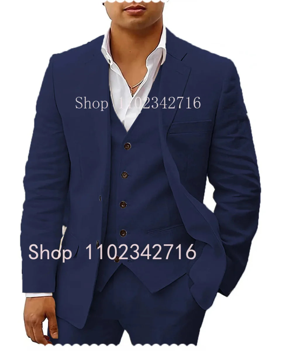 Showlu men's 3-piece linen summer suit for wedding, slim fit tuxedo with jacket, vest, and pants, ideal for groom or casual beach events.