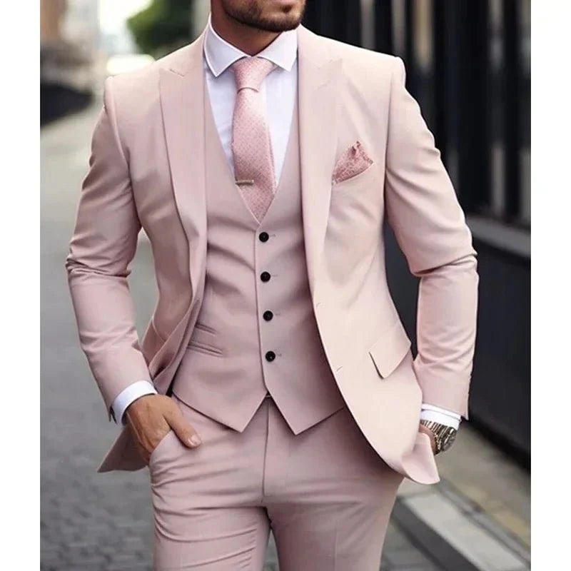 Showlu Fashion men's 3-piece slim fit cotton suit with jacket, vest, and pants, ideal for formal occasions and stylish dressing.