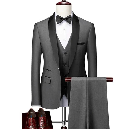 3 Piece Men's Lapel Collar Suit Set Coat Vest Trousers / Business Groomsmen Groom Wedding Dress Blazer Jacket Pants Waistcoat - SHOWLU FASHION STORE