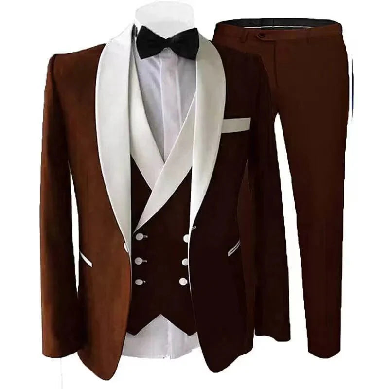 Kromoc men's 3-piece slim fit suit with wool blend fabric, shawl lapel tuxedo jacket, vest, and pants for formal or wedding occasions.