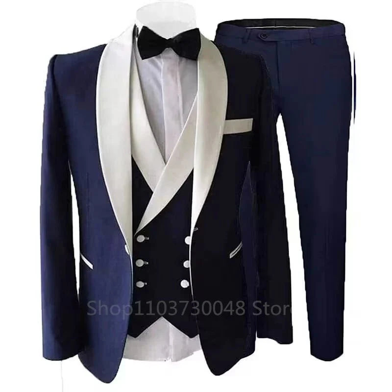 Kromoc men's 3-piece slim fit suit with wool blend fabric, shawl lapel tuxedo jacket, vest, and dress pants for formal occasions