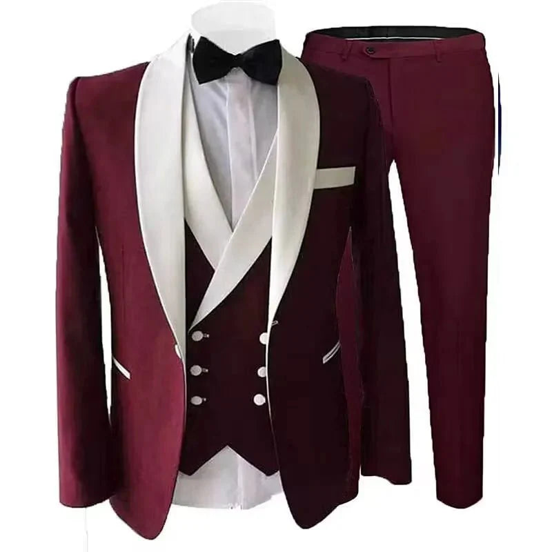 Kromoc men's 3-piece slim fit wool blend wedding tuxedo with shawl lapel, includes jacket, vest, and pants for formal occasions.