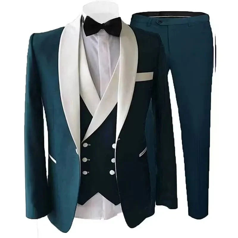 Kromoc men's 3-piece slim fit suit with shawl lapel, wool blend tuxedo jacket, vest, and pants for wedding or formal events.
