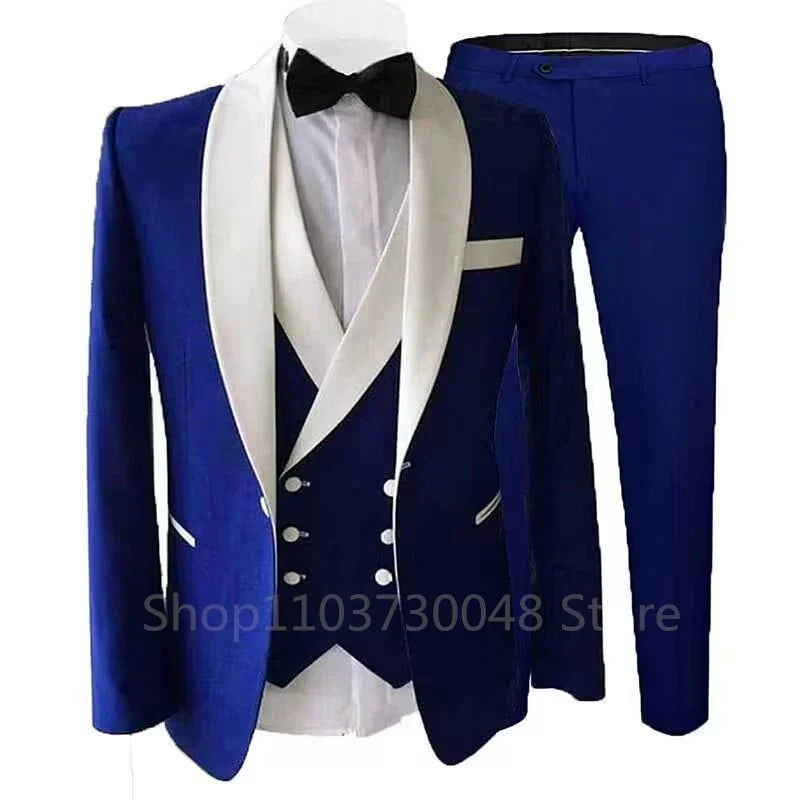 Kromoc men's 3-piece slim fit suit with wool blend fabric, shawl lapel tuxedo jacket, vest, and matching pants for formal occasions