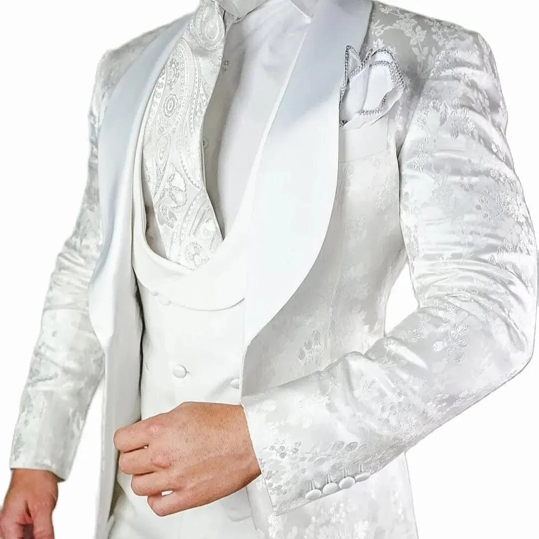 Showlu White Floral 3-piece men's wedding suit with slim fit, satin shawl lapel, tailored for grooms and formal occasions.
