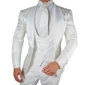 White floral 3-piece men's wedding suit with slim fit and satin shawl lapel, featuring floral details for groom's formal attire.