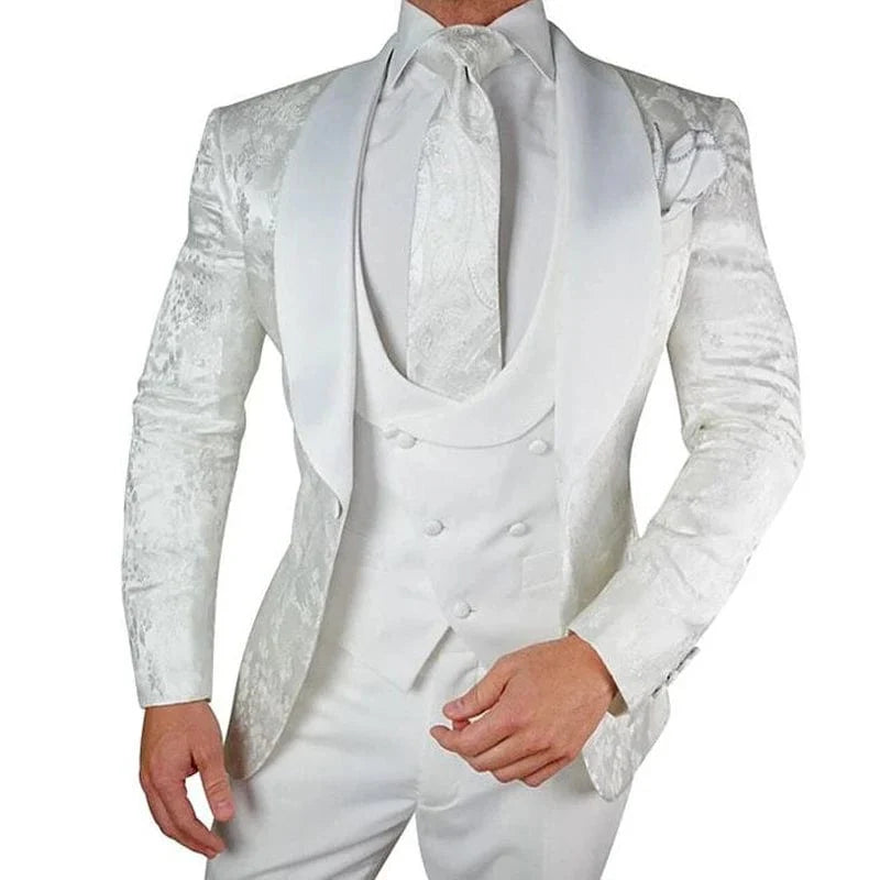 Showlu White Floral 3-piece men's wedding suit with slim fit, satin shawl lapel, perfect for grooms and formal occasions.