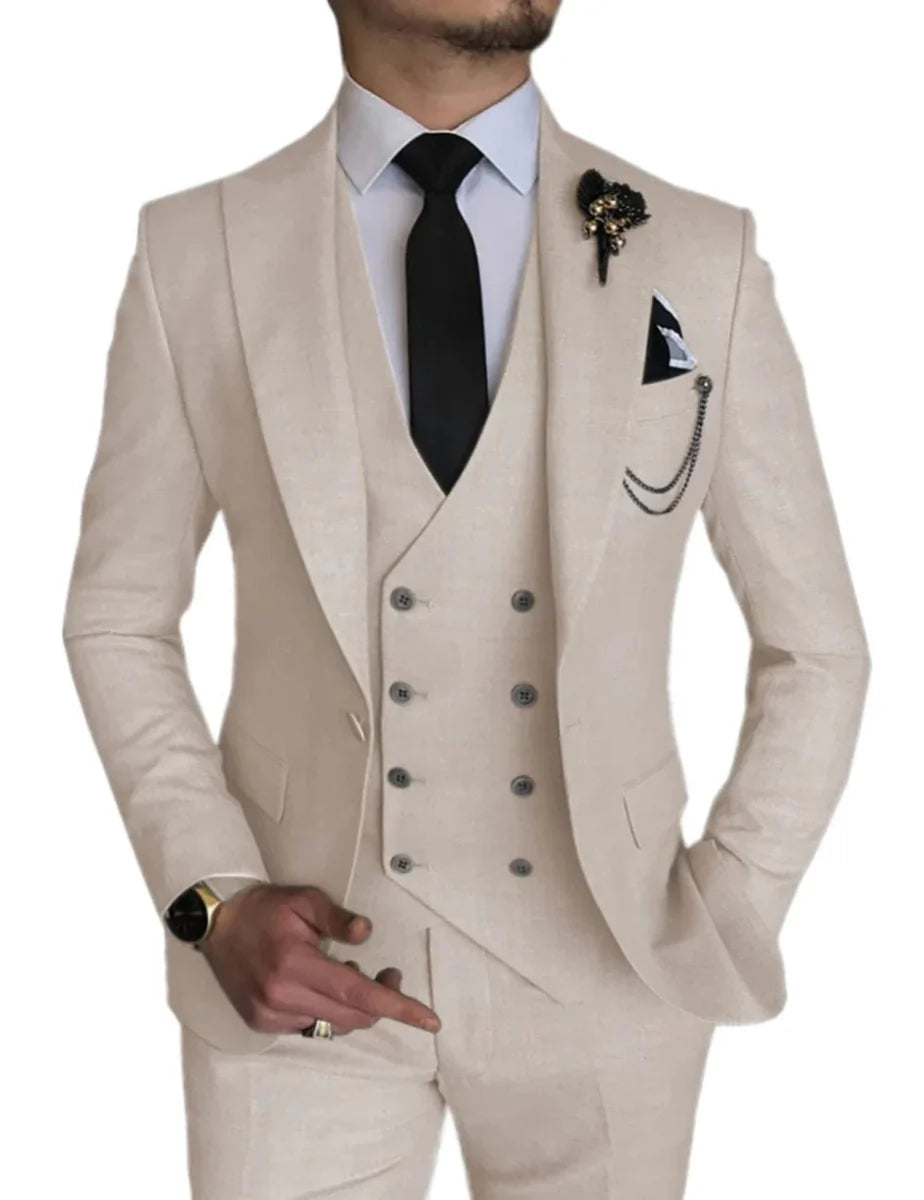 Light gray men's 3-piece suit by Showlu Fashion, includes blazer, vest, and pants, ideal for wedding or business occasions.