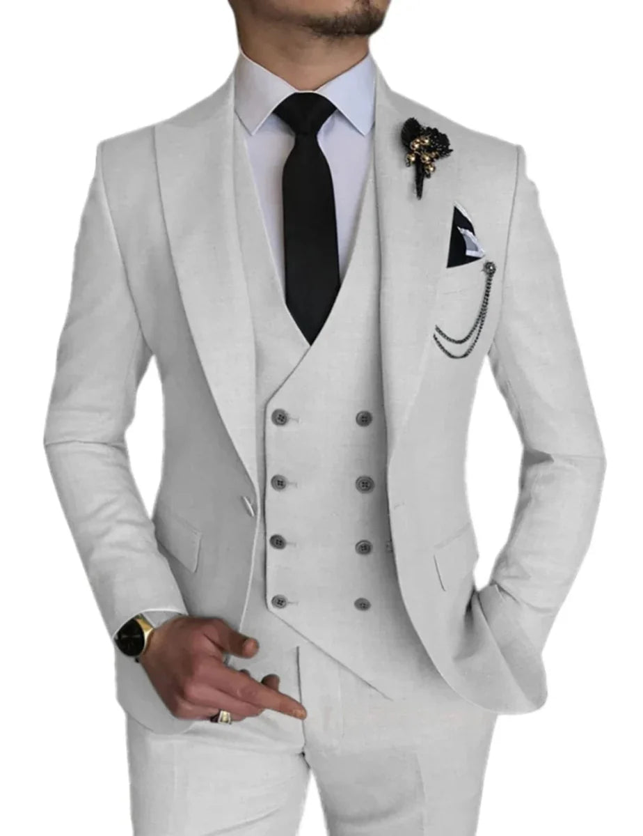 Light gray men's 3-piece suit by Showlu Fashion, includes blazer, vest, and pants, ideal for wedding or business wear.