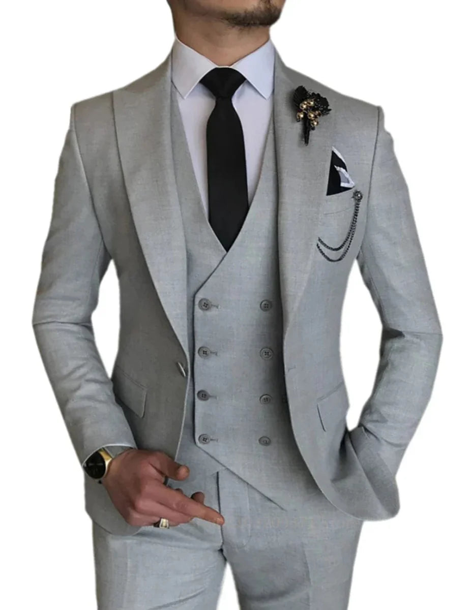 Showlu Fashion men's 3-piece light gray suit with slim fit blazer, vest, and pants, ideal for weddings and formal occasions.