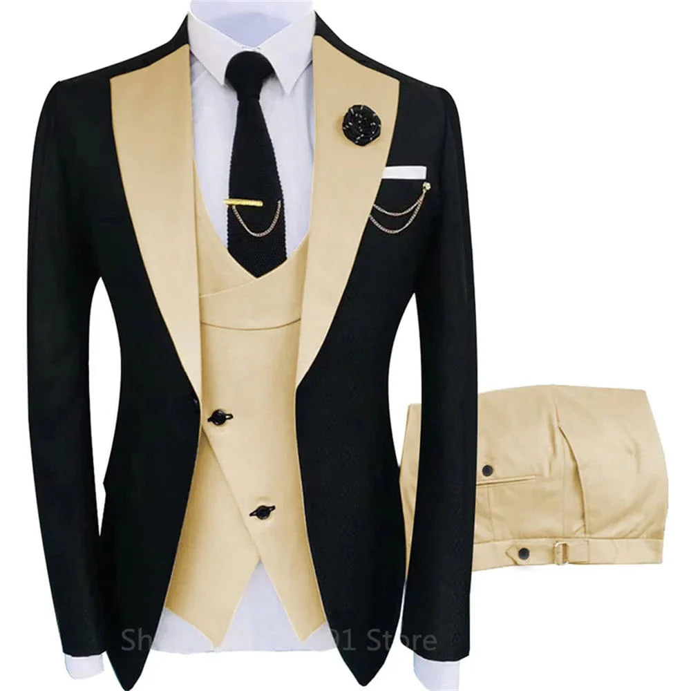 Showlu Fashion men's 3-piece wool blend business suit with blazer, jacket, and pants, suitable for weddings and formal events.