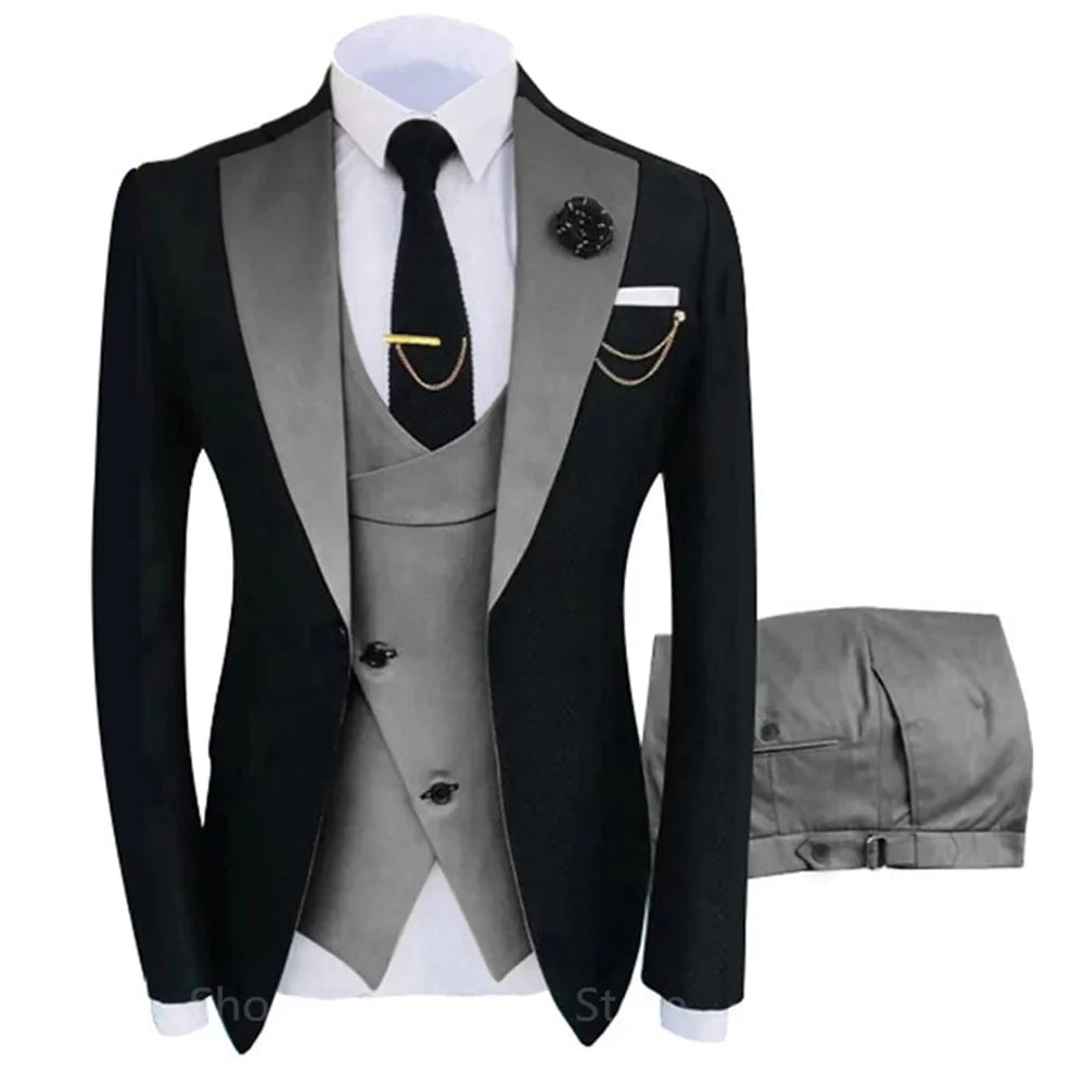 Showlu Fashion men's 3-piece wool blend business suit, tuxedo jacket, blazer, and coat set for wedding or formal events.