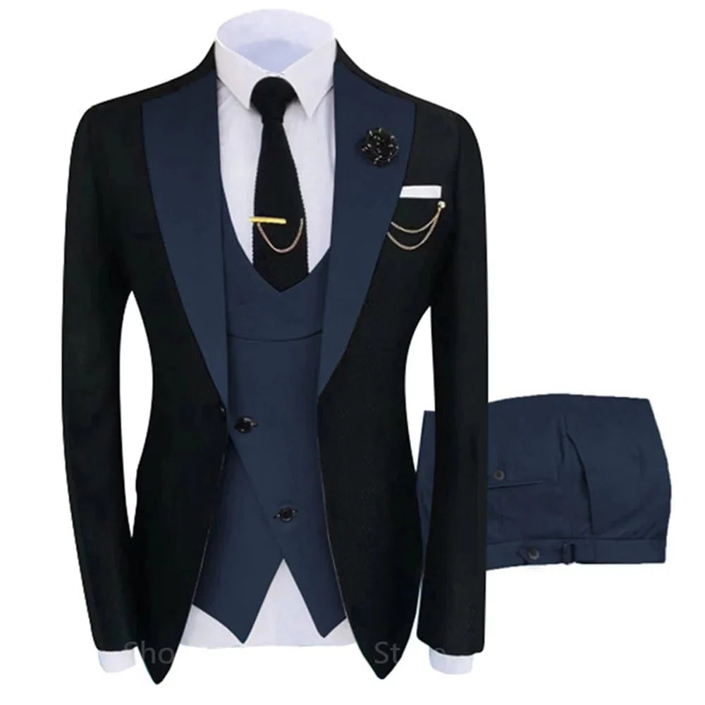 Showlu Fashion men's 3-piece wool blend business suit with blazer, jacket, and trousers, ideal for weddings and formal events.