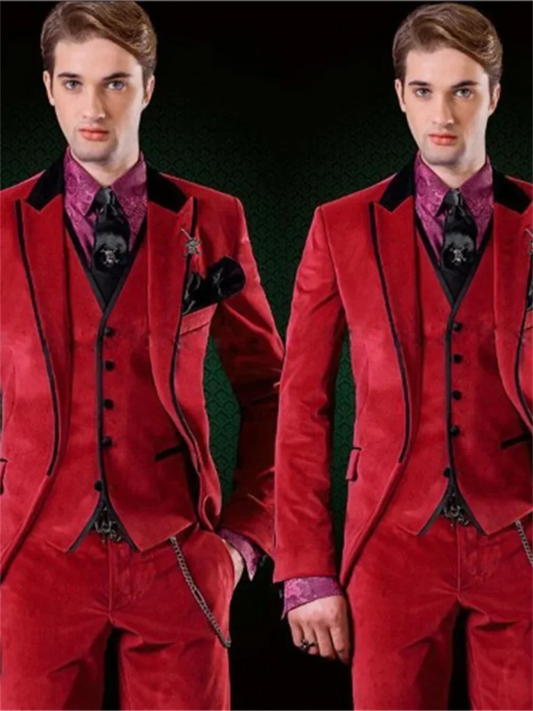 3 Pieces Men's Red Velvet Suit Tuxedos Single Breasted Jacket Vest Pants Wedding Prom Banquet Busienss Tuxedos - SHOWLU FASHION STORE