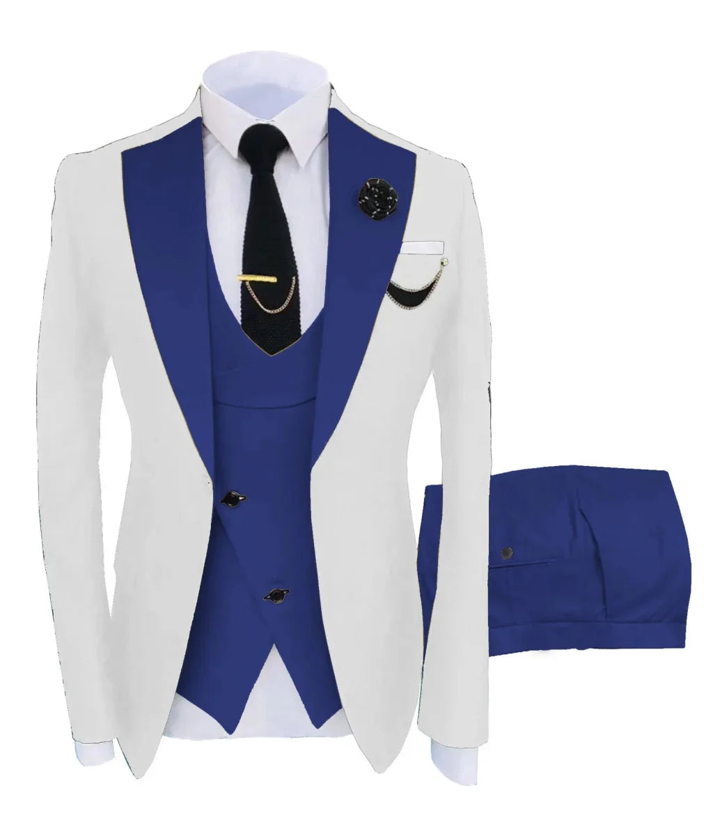 Showlu Fashion men's 3-piece slim fit suit with peak lapel, cotton tuxedo, blazer, pants, and vest for formal or groom attire.