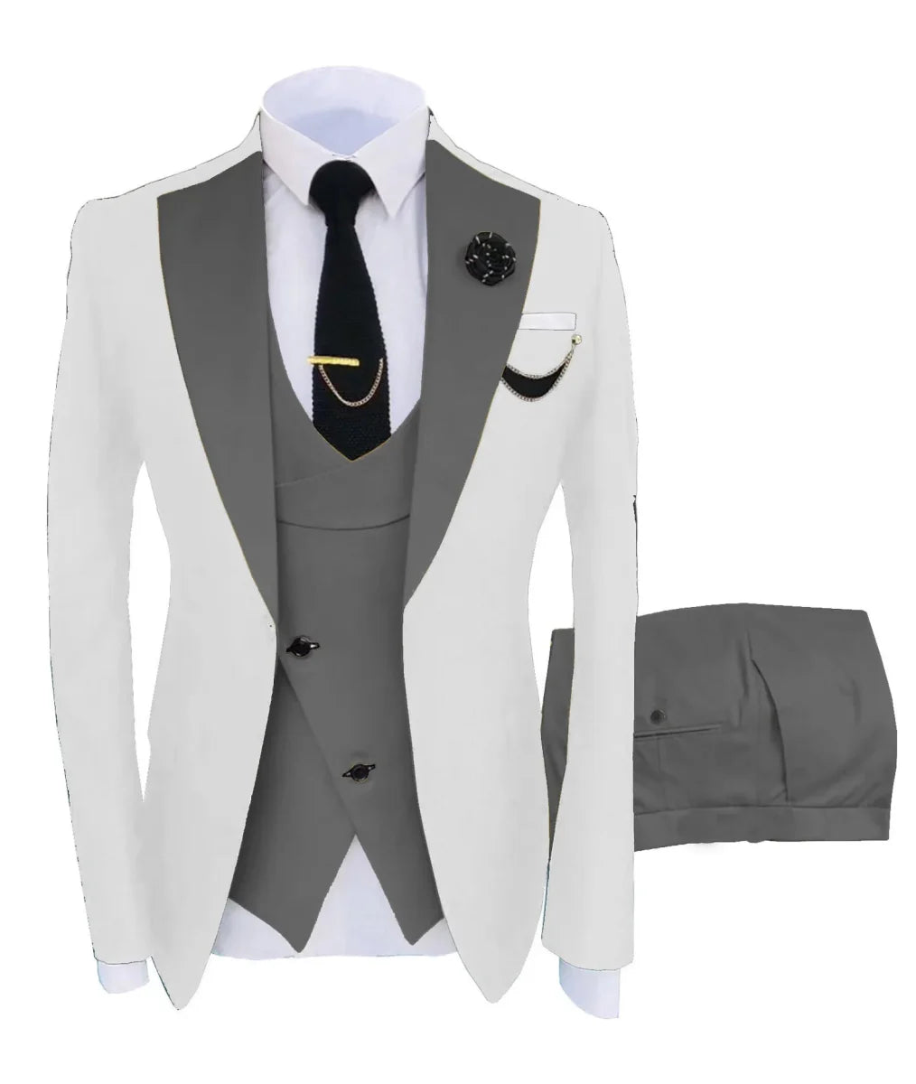 Showlu Fashion men's 3-piece slim fit suit with peak lapel, cotton tuxedo, blazer, pants, and vest for formal occasions.