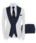 Showlu Fashion men's 3-piece slim fit suit with peak lapel, cotton tuxedo, blazer, pants, and vest, displayed on a hanger.