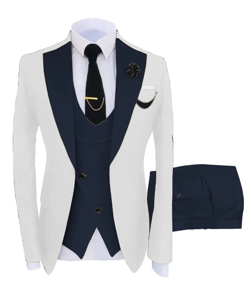 Showlu Fashion men's 3-piece slim fit suit with peak lapel, cotton tuxedo, blazer, pants, and vest, displayed on a hanger.