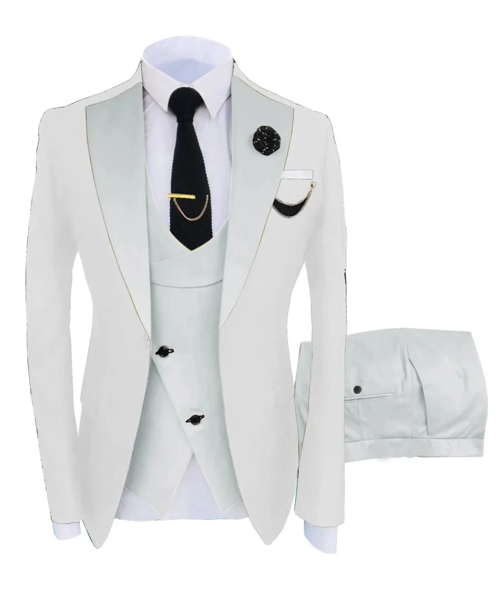 Showlu Fashion men's 3-piece slim fit tuxedo suit with peak lapel, blazer, pants, and vest, tailored for a stylish, elegant look.
